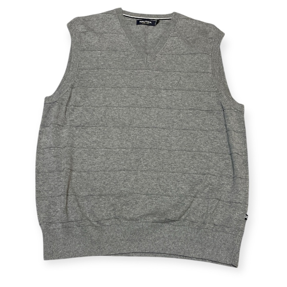Men's Nautica Sweater Vest 100% Cotton Gray w Horizontal Textured Ribs Size M